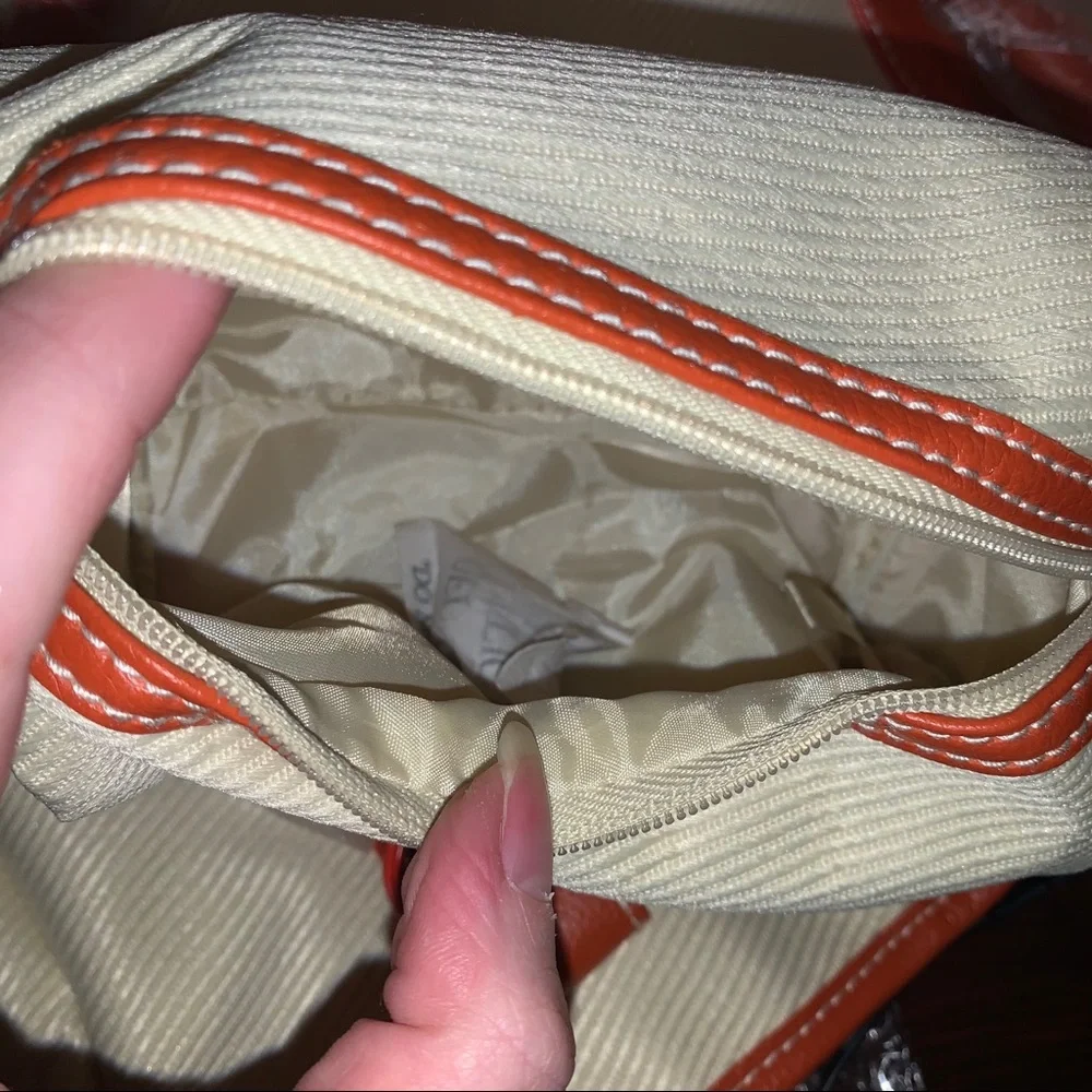 Estee Lauder Orange Leather Trim Cream Shoulder Bag Tote Purse with Pouch